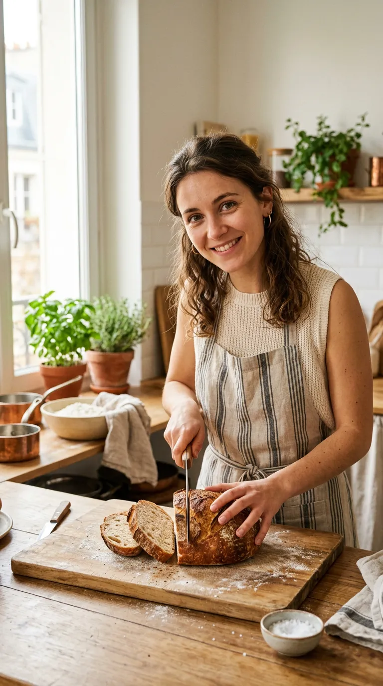Clip d’exemple 3 : elle coupe une miche de pain sur une planche