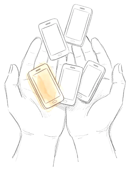 Deux mains ouvertes recueillent cinq petits téléphones