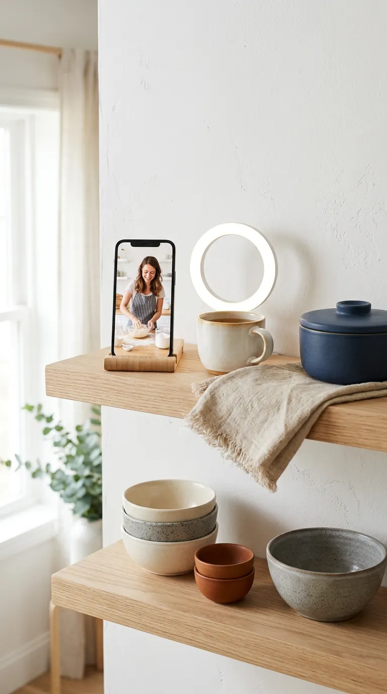 Une étagère en bois avec un téléphone posé, un anneau lumineux, une tasse et des bols en céramique